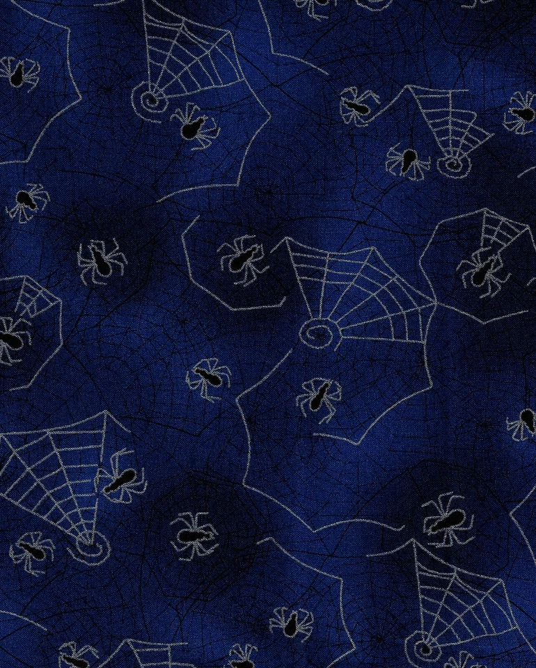 Fabric, "Boo!" by Hoffman Spiders with Metallic Webs on Blue by the HALF yard - Image 1 of 1