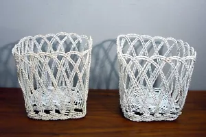 Pair 2 White BOHO Vintage Twisted wire metal planter outdoor garden plant Pots - Picture 1 of 5