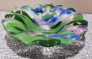 Small ANN C ROSS Fused ART GLASS BOWL Dish Pink WATER LILIES Ruffled Edge Signed - Picture 1 of 7
