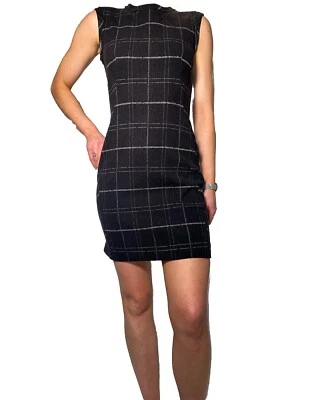 LANVIN 2015 Dress Wool Plaid Grey Black Jersey Pleated Back Shift Fr 36 UK 8 - Image 1 of 4