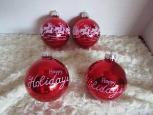 Set of Four Red W/ White Glitter Glass Ornament Stenciled Happy Holiday 3.5" - Picture 1 of 17