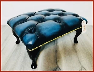 Chesterfield Buttoned Queen Anne Blue Genuine Leather Footstool - Picture 1 of 7