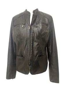 Jou Jou Womens Moto Jacket Black Faux Leather Zip Front Pockets Lined Zebra Sz M - Picture 1 of 24