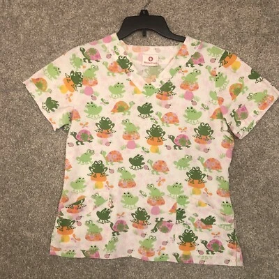 White Cross Small scrub top womens Frog and Turtle print - Image 1 of 4