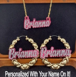 Pendientes de aro personalizados de oro XOXO y nombre collar joyería conjunto personalizado gratis - Imagen 1 de 11