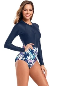 SHEKINI Womens Rash Guard Long Sleeve 1 Piece Swimsuit Zipper Sun Protection - Picture 1 of 6
