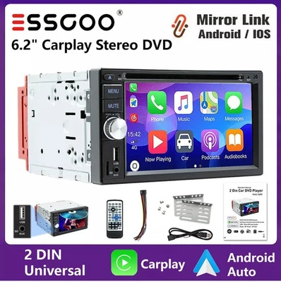 2DIN Car Stereo 6.2'' Carplay Android Auto CD DVD AM FM RDS USB Bluetooth TF AUX - Image 1 of 4