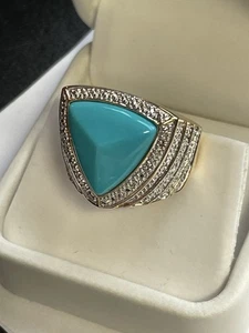 Vintage Turquoise Sz 9 Ring, Ross Simons Gold over 925 R Silver China, Pave' Set - Picture 1 of 17