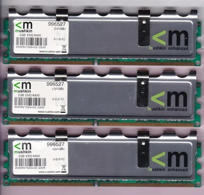 3GB 3x1GB MUSHKIN ENHANCED DDR2-800 996527 EM2-6400 PC2-6400 Ram Memory Kit DIMM - Image 1 of 2