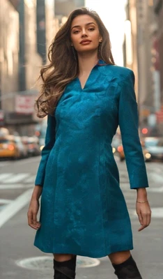 Vintage Mollie Parnis Dress Ultra Suede Collar 3/4 Sleeve ILGWU Blue Size Small - Image 1 of 4