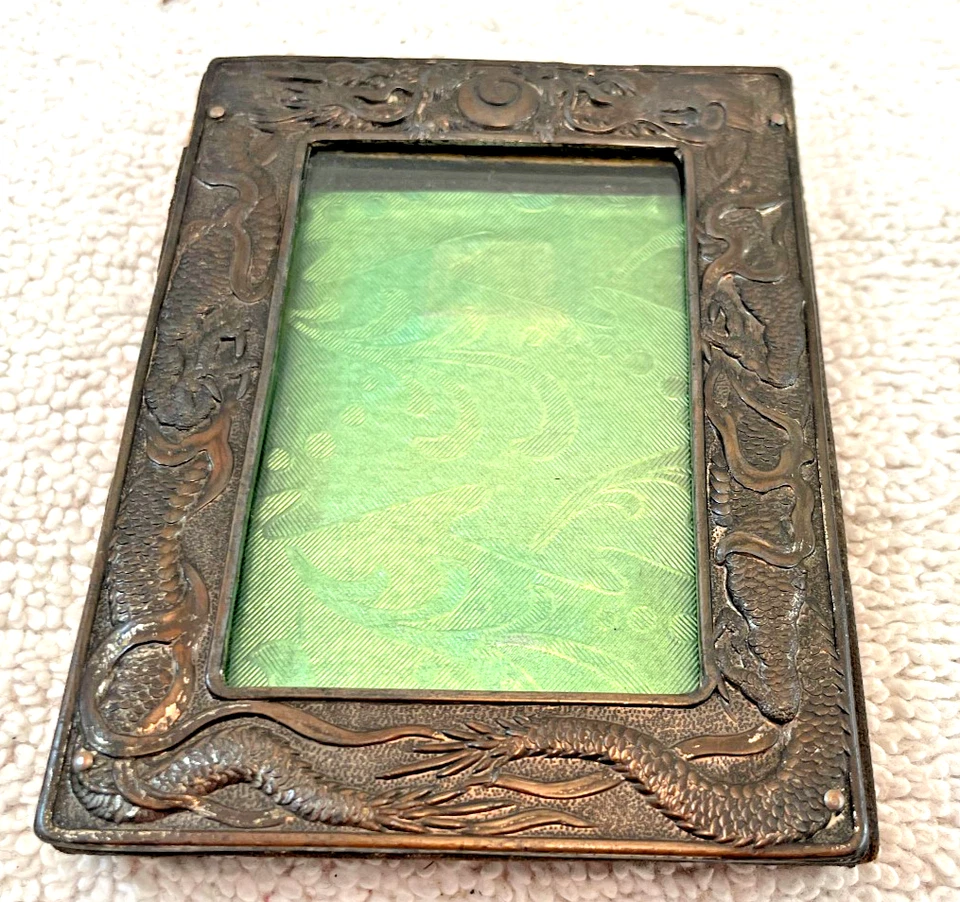 VTG 1920s Dragon Embossed Bronze Picture Frame w/ Glass Wall Decor 4"t - Image 1 of 4