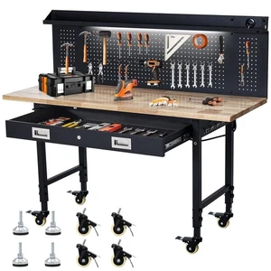 Adjustable Workbench for Garage, 60x22 inch Rubber Wood Top Workstation with ... - Picture 1 of 6