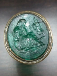 Mysterious Antique 18/19th Century European Gold Green Gemstone / Glass Seal Fob - Picture 1 of 12