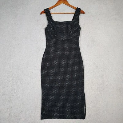 Vestido midi Banana Republic para mujer 0 negro a cuadros abertura lateral cuello cuadrado ceñido al cuerpo Foto 1 de 4