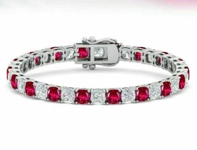 12Ct Round Cut Diamond & Red Ruby Unisex Tennis Bracelet 14K White Gold Over 7" - Image 1 of 4