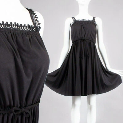 S/M винтажный 1970-х черный мини солнце платье готики шелковистый Airy без рукавов простой 70-х - Изображение 1 из 4