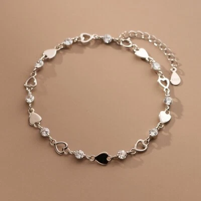 Women Real S925 Sterling Silver Heart Charm CZ Bracelet Bangle 8.3 inches - Image 1 of 4