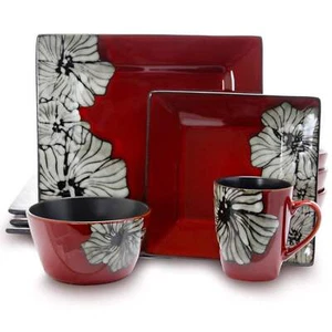 Elama Winter Bloom 16 pc Red Square Floral Stoneware Dinnerware Set Hibiscus - Picture 1 of 1