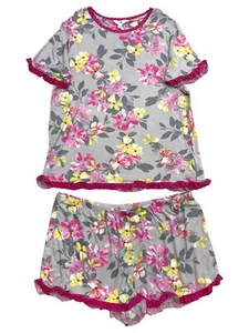 Womens Lightweight Gray Pink Floral Pajamas Shorts & Tee Shirt Sleep Set - Picture 1 of 1