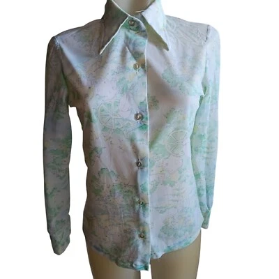 Small 32 Vintage 70's Sheer Nylon Disco Shirt Blouse Scenic Country Print Green - Image 1 of 4