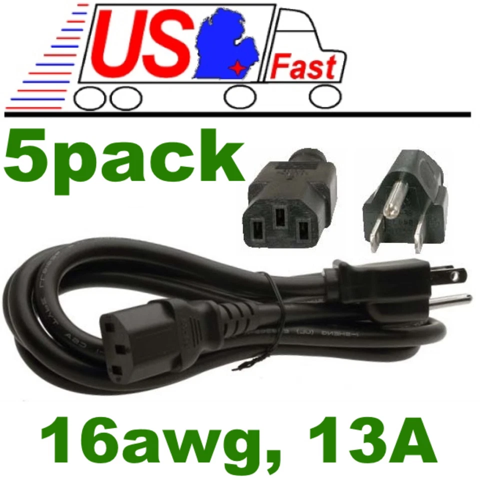 Lot5pack 6ft 16awg Heavy Duty Standard Power Cord/Cable PC/TV IEC320 C13 13A AC - Image 1 of 1