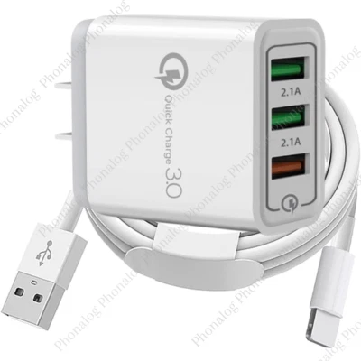 3Ports QC3.0 Fast Charger USB Cable Wall Adapter For iPhone 14 13 12 11 8 7 XR X - Image 1 of 4
