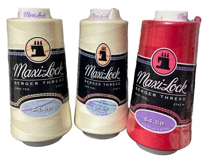 Maxi-lock Sewing Thread Lot of 3 Spools 3000 yds 1 Red Artillery, 2 Eggshell - Image 1 of 3