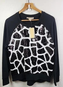 Michael Kors Sequin Leopard Print Sweater Black White L - Picture 1 of 10