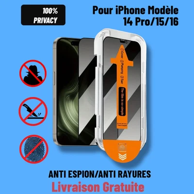 Film Verre Trempé iPhone 14 Pro 15 16  Protection Écran Anti Espion/Anti Rayures - Photo 1/2