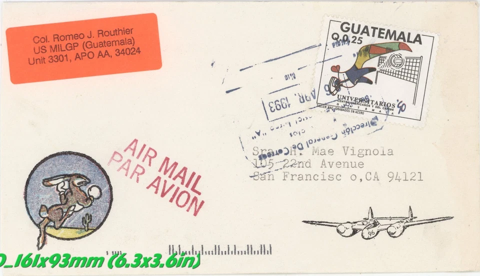 Cubierta de correo aéreo de Guatemala 1993 a EE. UU. - EE. UU. MILGP APO remitente sello de tucán Foto 1 de 1