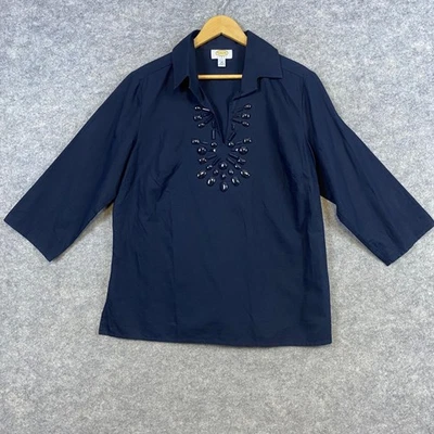 Talbots Woman 1X Black Embellished 3/4 Sleeve Cotton Linen Top Blouse Beaded - Image 1 of 4