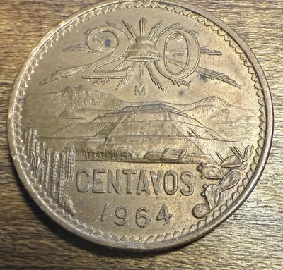 未流通墨西哥 1964 年 20 Centavos 2 型国家徽章 KM# 440 非常好 — 第 1/2 张图片