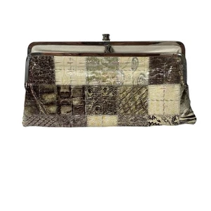 Women's Vintage Patchwork Faux Leather Clutch Wallet Purse W/ Kiss Lock Frame - Picture 1 of 15