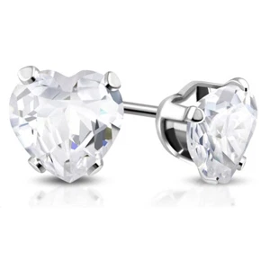 Stainless Steel White Clear CZ Love Heart Stud Earrings - Picture 1 of 2