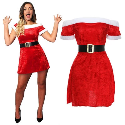 LADIES VELOUR MISS SANTA DRESS VELOUR MRS CLAUS CHRISTMAS ADULT XMAS FANCY DRESS - Image 1 of 4
