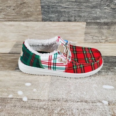 Zapatos sin cordones Hey Dude Wally Plaid PSGS para niños talla 2 rojos blancos verdes forrados Foto 1 de 4