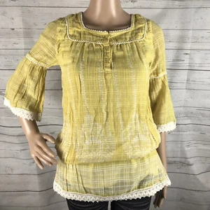 Blue Plate Bohemian Shirt Small Yellow White Patterned BOHO Chic Bell Sleeve Top - Picture 1 of 12