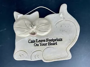 Studio Pottery Cat Hanging Wall Plaque “Cats Leave Footprints On Your Heart” - Picture 1 of 4