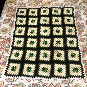 Hand Crocheted 38 x 45 Afghan Black, Green, White, Cream Granny Square Rosanne - Picture 1 of 10