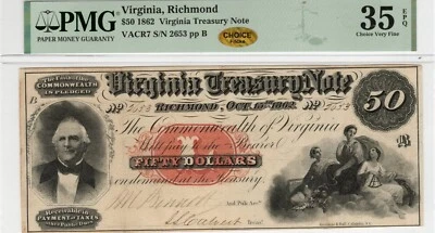 VA CR-7 1862 $50 Virginia Paper Money - PMG Choice VF 35 EPQ CHOICE - Civil War! - Image 1 of 2