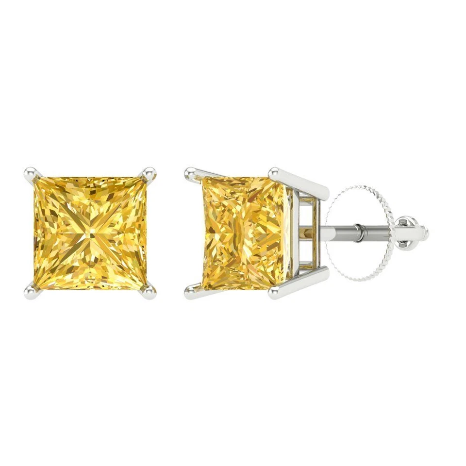 Yellow Zirconia Stud Earrings for Women, Screw back (3 cttw, 6.5mm Princess-Cut) - Image 1 of 4