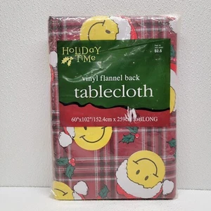 Vintage Walmart Holiday Time Christmas Smiley Face Tablecloth Oblong 60" x 102" - Picture 1 of 12