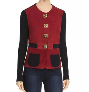 $548 NWT Tory Burch 40s Sportigan Leather Suede Knit Wool Mixed Cardigan XS/S - Picture 1 of 11