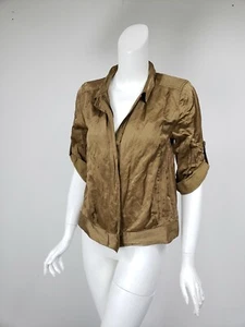 EILEEN FISHER Dark Gold Metallic Sateen Rolled Sleeve Zip Front Jacket sz S - Picture 1 of 3