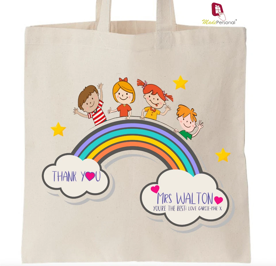 Personalised Thank You Teacher Gift Cotton Tote Bag- Cute Rainbow Design - Image 1 of 1