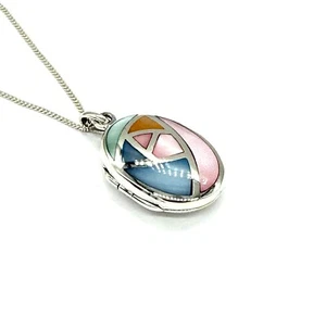 925 Sterling Silber ovaler Foto Anhänger Medaillon mit bunten Steinen drauf - Bild 1 von 3