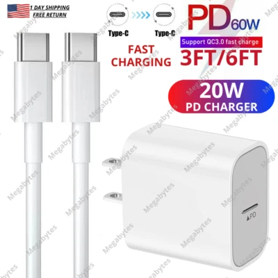 Cable Cargador Rápido USB C a Tipo C 20W PD Bloque Adaptador de Corriente Para Samsung Google Foto 1 de 4