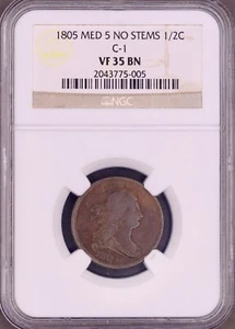 1805 Draped Bust Half Cent Small 5 No Stems C-1 NGC VF35 - Nice Original Coin PQ - Picture 1 of 5