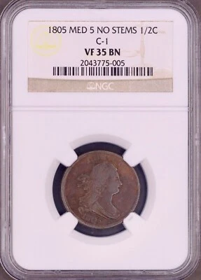 1805 Draped Bust Half Cent Small 5 No Stems C-1 NGC VF35 - Nice Original Coin PQ - Image 1 of 4
