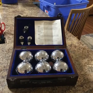 Vintage Pier One Petanque 6 Kugeln Jack Maß Schnur Set mit Holzbox mit Regeln - Bild 1 von 10
